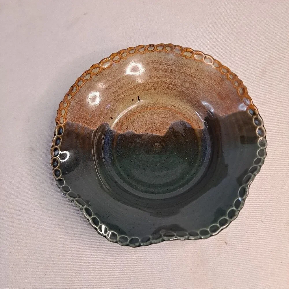 Handmade Studio Art Pottery Scalloped Bowl Marked BVP K2 Brown Blue 7-1/4